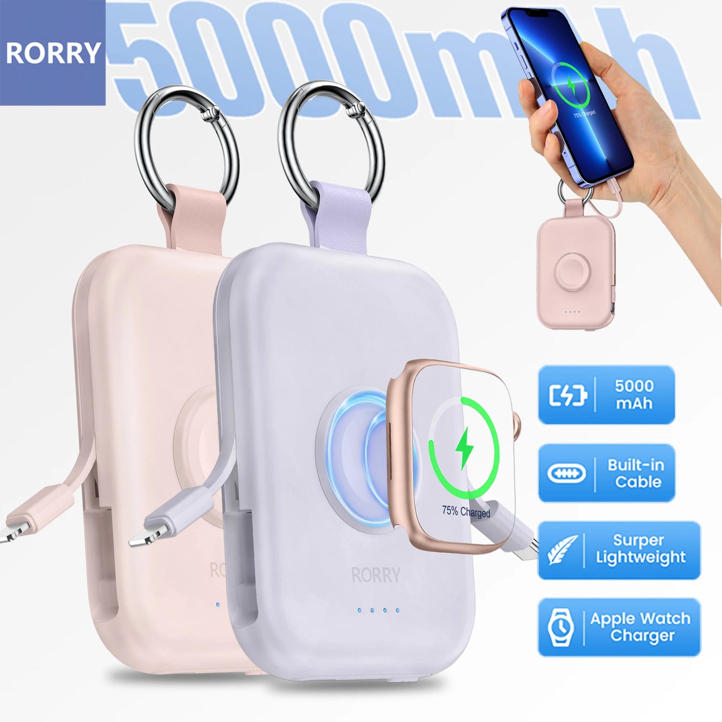 RORRY 5000mah Magnetic Wireless Charger for iWatch AirPods 3 2 Pro Portable Built-in Cable magsafe Power Bank for Iphone16 15 14